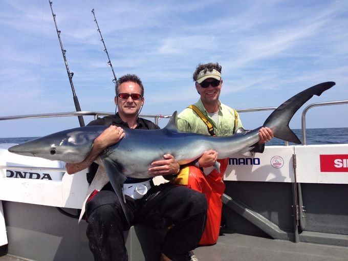 Andy with Welsh actor Julian Lewis Jones with Andys blue shark of 120.04lb 
